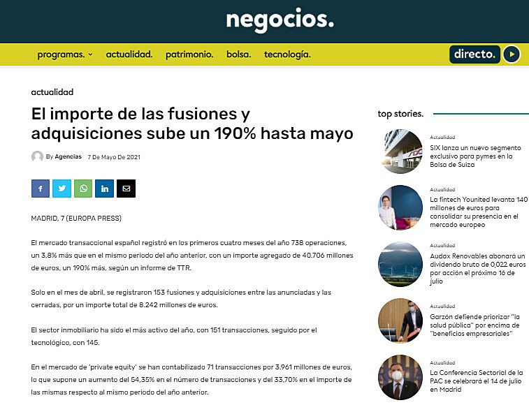 El importe de las fusiones y adquisiciones sube un 190% hasta mayo